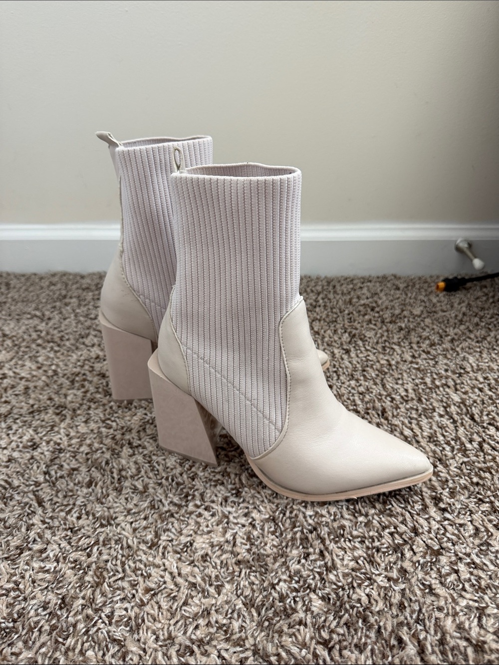 Cream Knit Sock Block Heel Boot